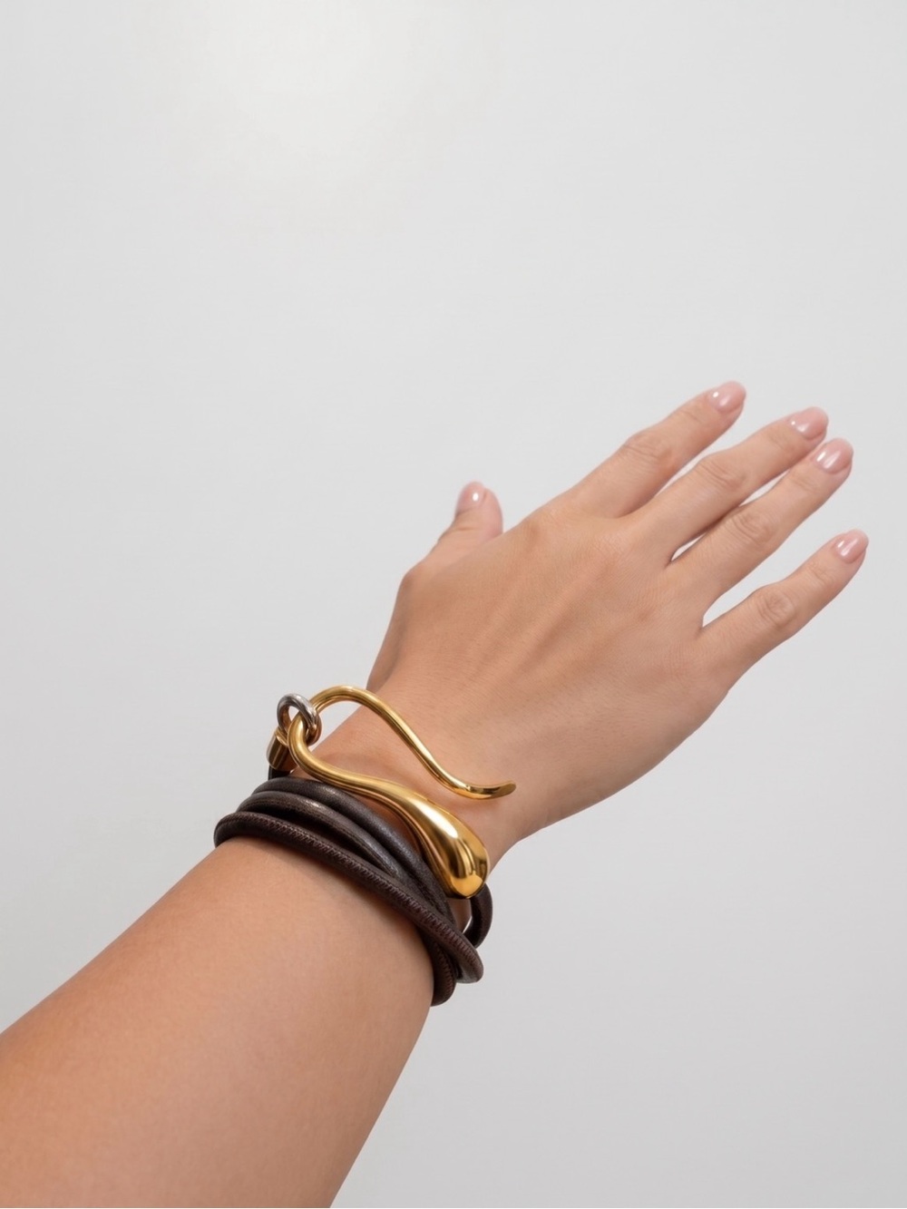 Gold-Tone Sculptural Snake Cuff with Brown Leather Wrap Bracelet